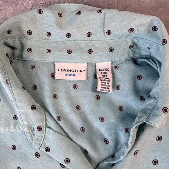 Covington Blouse Womens XL Light Blue with Brown Polka Dots Button Up Dressy - Picture 3 of 8